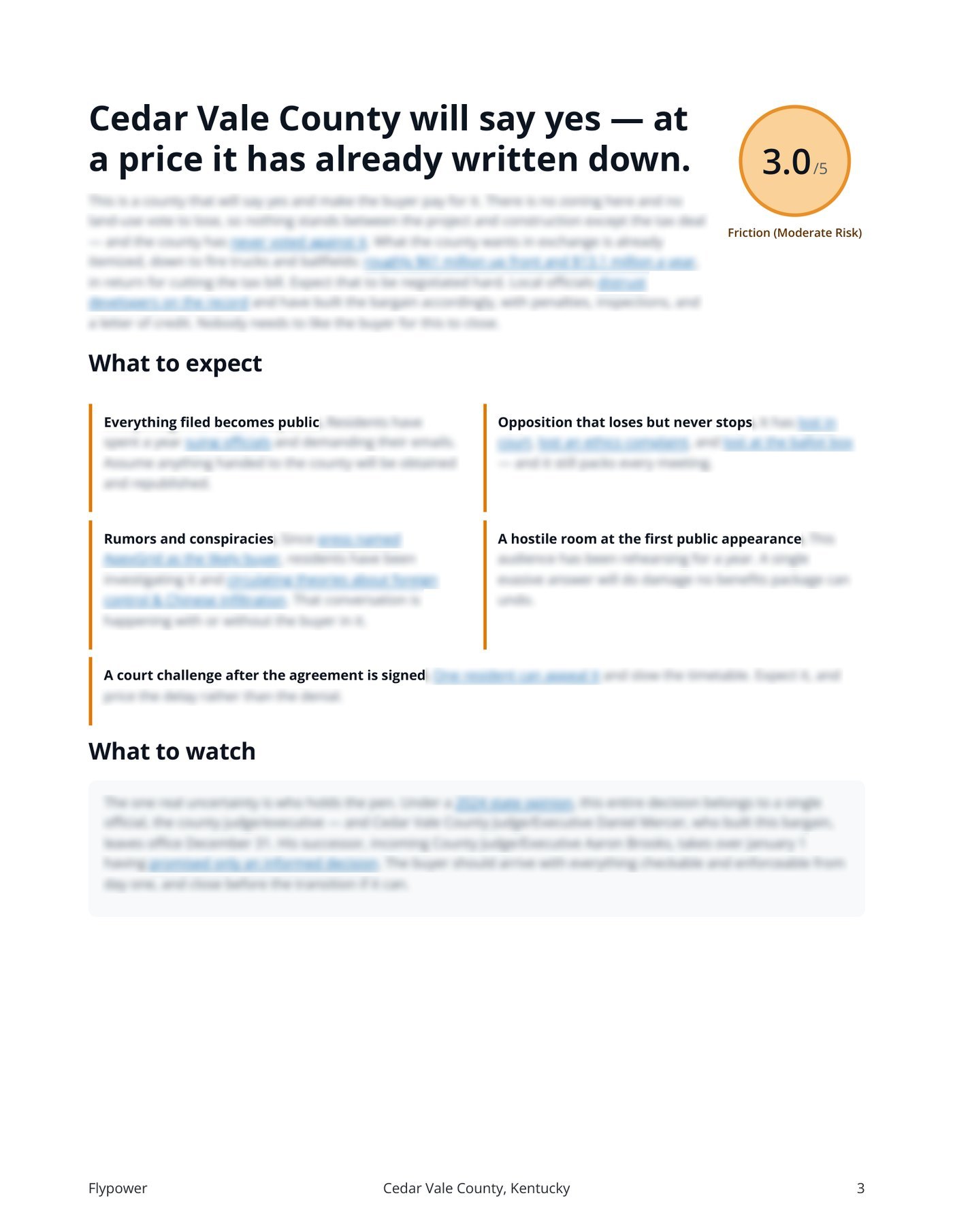 Due Diligence sample report, executive summary page — Cedar Vale County, Kentucky: the verdict ("Cedar Vale County will say yes — at a price it has already written down."), a 3.0 out of 5 friction score, what to expect, and what to watch. Evidence text is blurred on the web; the full report is available on request.