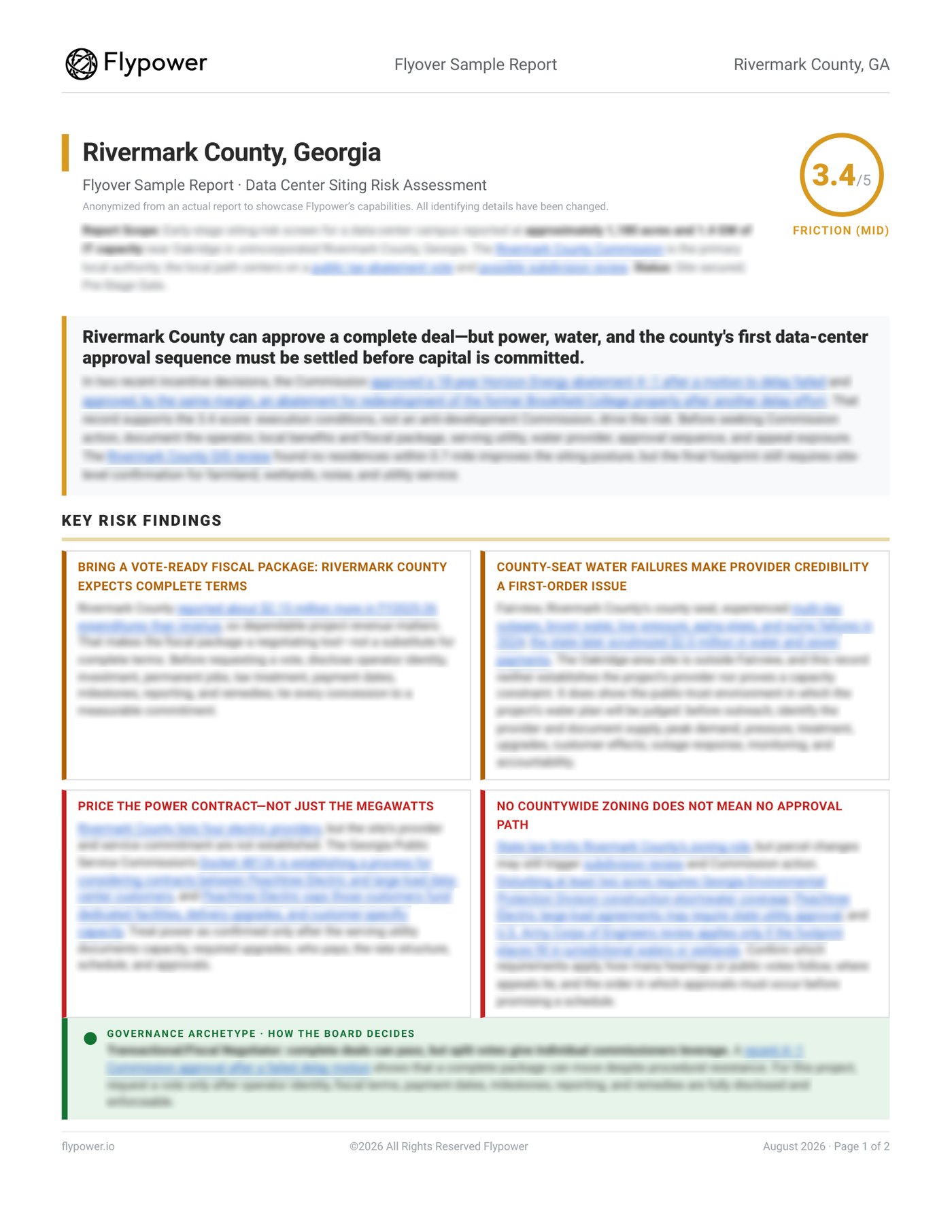 Flyover sample report, page one — Rivermark County, Georgia: the verdict, a 3.4 out of 5 friction score, and four key risk findings. Evidence text is blurred on the web; the full report is available on request.